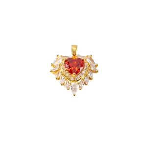 Golden heart bow pendant with micro-set red stone and white zircons on white background