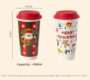 Detail showing 580ml Christmas travel mugs with Santa patterns and 18cm height dimensions