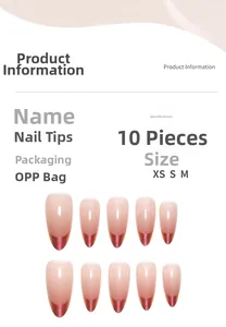 Detailed size guide for 10pcs rose pink French almond press-on nails with XS S M options