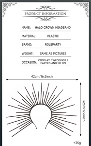 Detailed size chart of the sun god halo crown headband with clear plastic dimensions