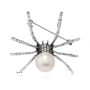 Silver spider brooch with white pearl and rhinestones, elegant vintage metal accessory