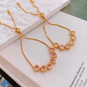 Bracelet Réglable En Cœur Cuivre Plaqué Or Avec Zircon Rose Blanc Pierre Gemme Fermoir Coulissant Bijoux Pour Femmes