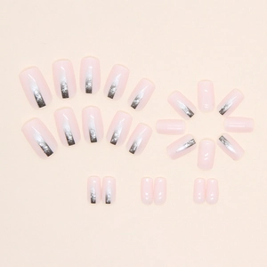 Square pink gradient press-on nails with silver metallic lines and fine glitter