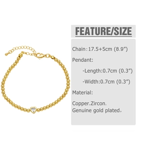 Detail of 18K gold plated beaded bracelet with heart zircon pendant size 0.7x0.7cm
