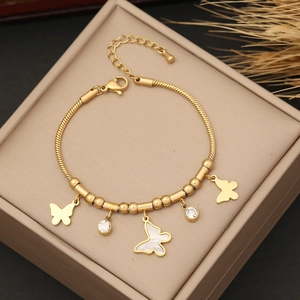 Gold butterfly snake chain necklace with pearl shell and zircon pendants for women