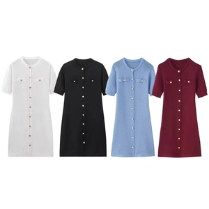 Short sleeve knit dress with gold buttons in white black blue and red colors