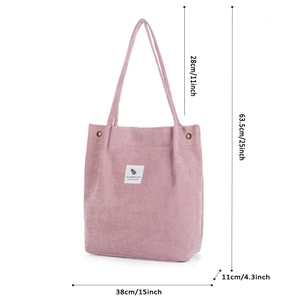 Detailed dimension guide for pink corduroy tote bag showing width and strap height