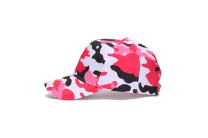 Detailed side view of pink camouflage baseball cap featuring a curved brim and soft top
