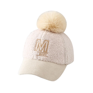 Kids warm teddy fleece baseball cap with M BABY embroidery and large pom pom in cream white