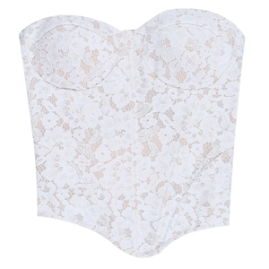 Detailed close-up of white floral lace fabric and delicate embroidery on this corset top