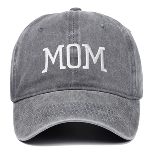 Close-up of MOM embroidery on grey washed cotton denim vintage baseball cap