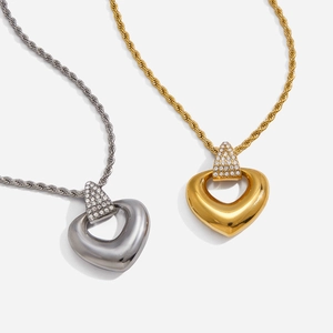 Heart Pendant Necklace 18K Gold Plated Stainless Steel Waterproof Hollow Twisted Rope Chain Rhinestone Jewelry For Women