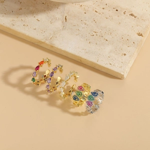 Detailed view of luxury 14K gold plated geometric zircon rings set with colorful stones