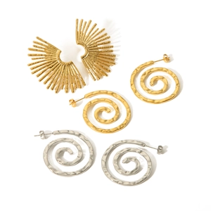 French vintage 18K gold stainless steel fan-shaped and spiral earrings set