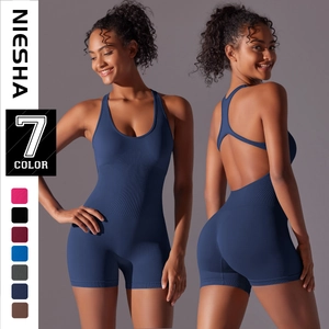 Combinaison Yoga Sans Couture Femme Maille Côtelée Bodysuit Dos Nu Nageur Fitness Workout Playsuit Tenue De Sport