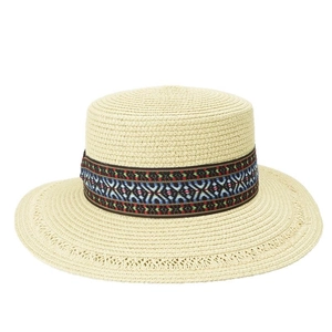 Ethnic boater straw hat with colorful geometric woven ribbon for women beach sun protection