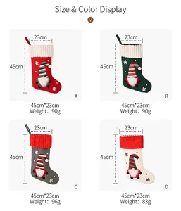 Size chart showing 45cm knitted Christmas stockings in red, green, grey, and white colors