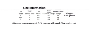 Detailed size chart for sexy knit set showing bust and sleeve length in centimeters