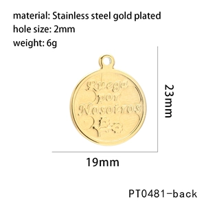 Detailed view of 19mm gold plated stainless steel religious pendant with measurements