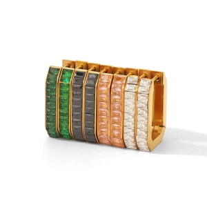 Luxury gold stainless steel huggie earrings set with colorful rectangular zircons