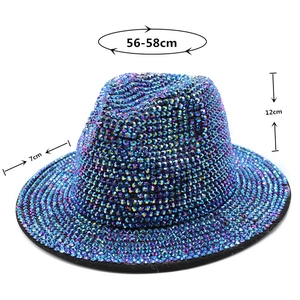 Detail view of rhinestone Fedora with 56-58cm head size, 7cm brim, and 12cm height
