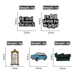 Detailed size and weight chart for Harry Potter themed enamel pins and vintage car badge