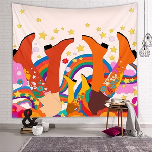 Detail of 70s groovy style wall tapestry with floral pattern on white brick wall