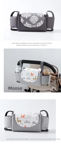 Detail of stroller organizer with elk pattern and waterproof fabric bottle holders