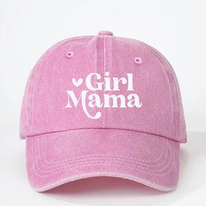 Pink washed cotton baseball cap featuring Girl Mama print and heart icon with adjustable strap