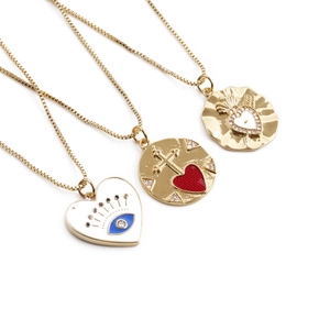 Copper Gold Plated Sacred Heart Cross Pendant Necklace Enamel Evil Eye Cubic Zirconia Jewelry For Women