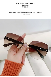 Close-up of frameless gradient brown sunglasses showing inner temple specifications 9225