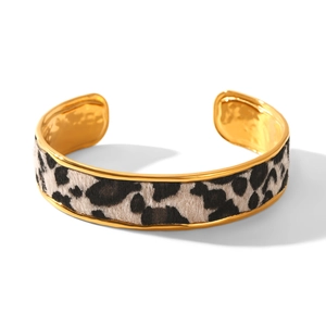 Bracelet manchette ouvert doré en acier inoxydable avec insert imprimé léopard vintage