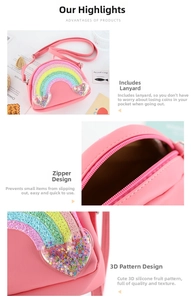 Pink macaron rainbow crossbody bag for kids with sparkling hearts and zipper detail