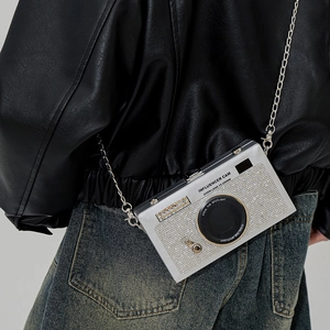 Fashion camera-shaped crossbody bag with silver rhinestones and metal chain strap