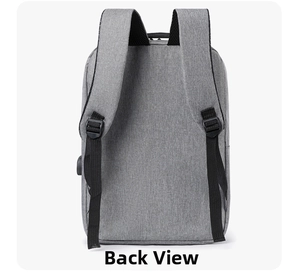 Detail of grey backpack back panel with padded straps and integrated USB charging port