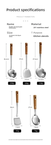 Size chart showing stainless steel utensil set with dimensions and wood grain handles