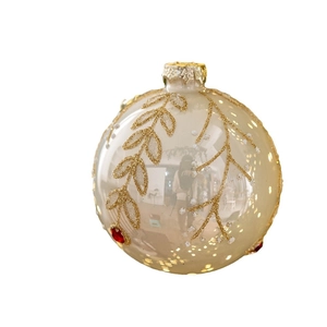 8cm glass Christmas ball ornament with gold leaf patterns and red gemstones for tree decor