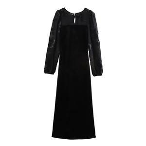 Elegant French velvet bodycon maxi dress with floral embroidery and sheer tulle sleeves