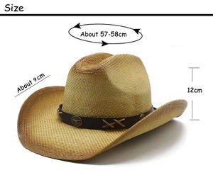 Detail view of straw cowboy hat with leather band, metal bull emblem, and size dimensions