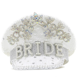 Sparkly white sequin bride captain hat with rhinestone crown and pearl detailing