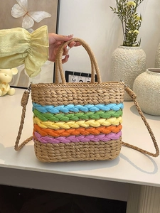Rainbow striped straw tote bag with top handles and shoulder strap for beach vacation