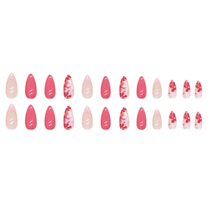 Pink almond press-on nails with floral hand-painted designs and glossy finish set of 24