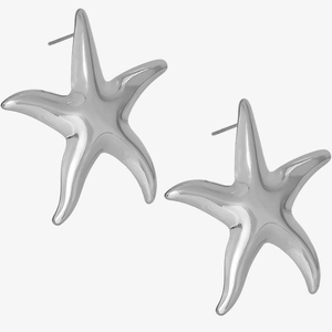 Detailed close-up of 304 stainless steel starfish stud earrings with silver metallic finish