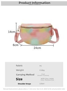 Detailed size chart of the pink gradient crossbody bag with precise dimensions in cm