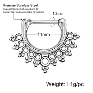 Detail of 1.2mm stainless steel septum ring showing internal diameter and material specs