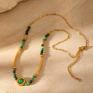 Gold plated stainless steel necklace with green natural stones and a central gem pendant