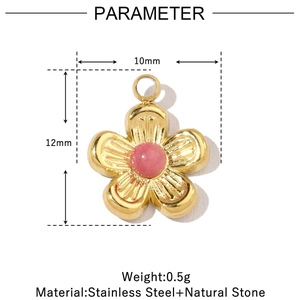 Diagramme détaillé du pendentif fleur dorée avec pierre rose et ses dimensions