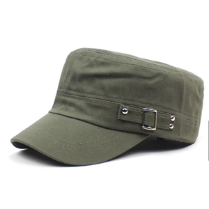 Army green flat top military cap for men featuring side metal buckles and cotton fabric