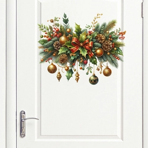 Christmas wall decal with pine needles, holly berries, pine cones and colorful festive balls