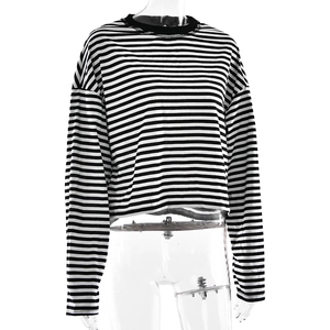 Detail view of long-sleeved black and white striped T-shirt on a semi-transparent mannequin